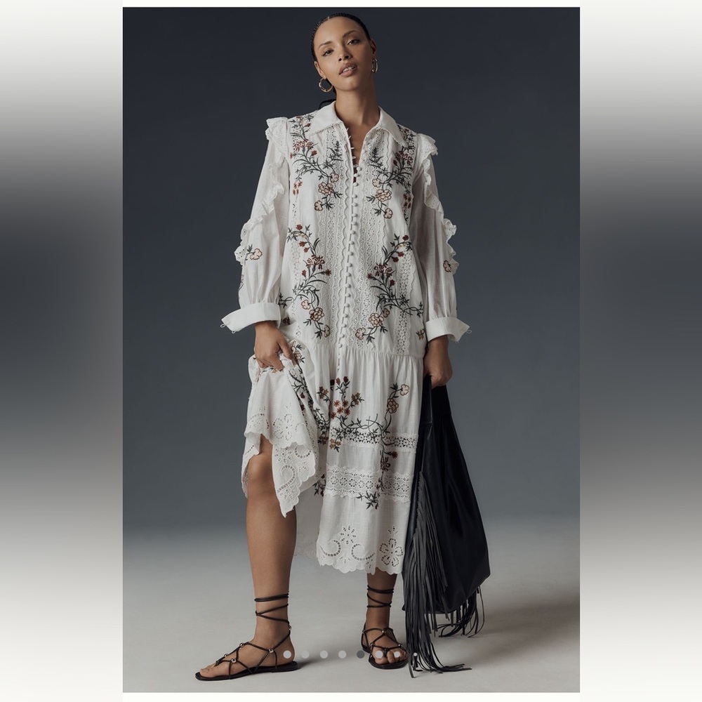 Anthropologie Long Sleeve V-Neck Eyelet Midi Dress